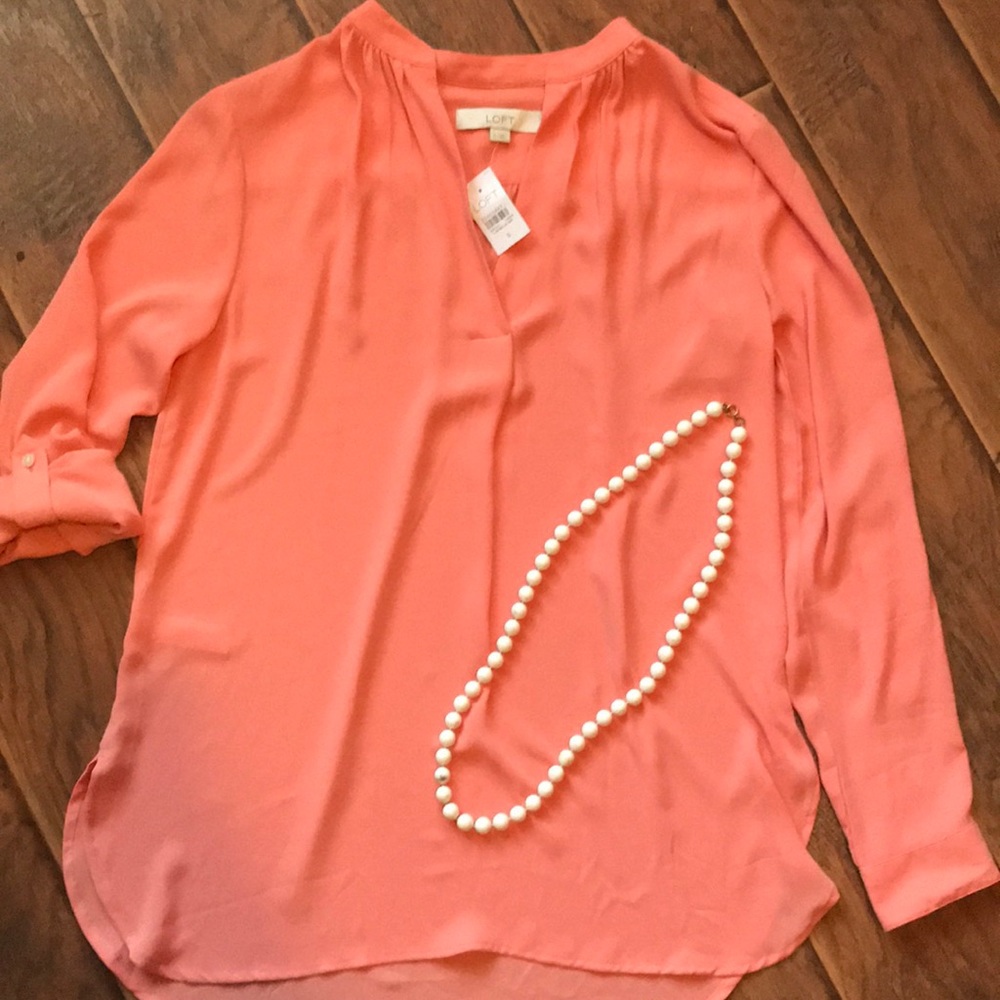 Loft long sleeve split neck tunic blouse, coral